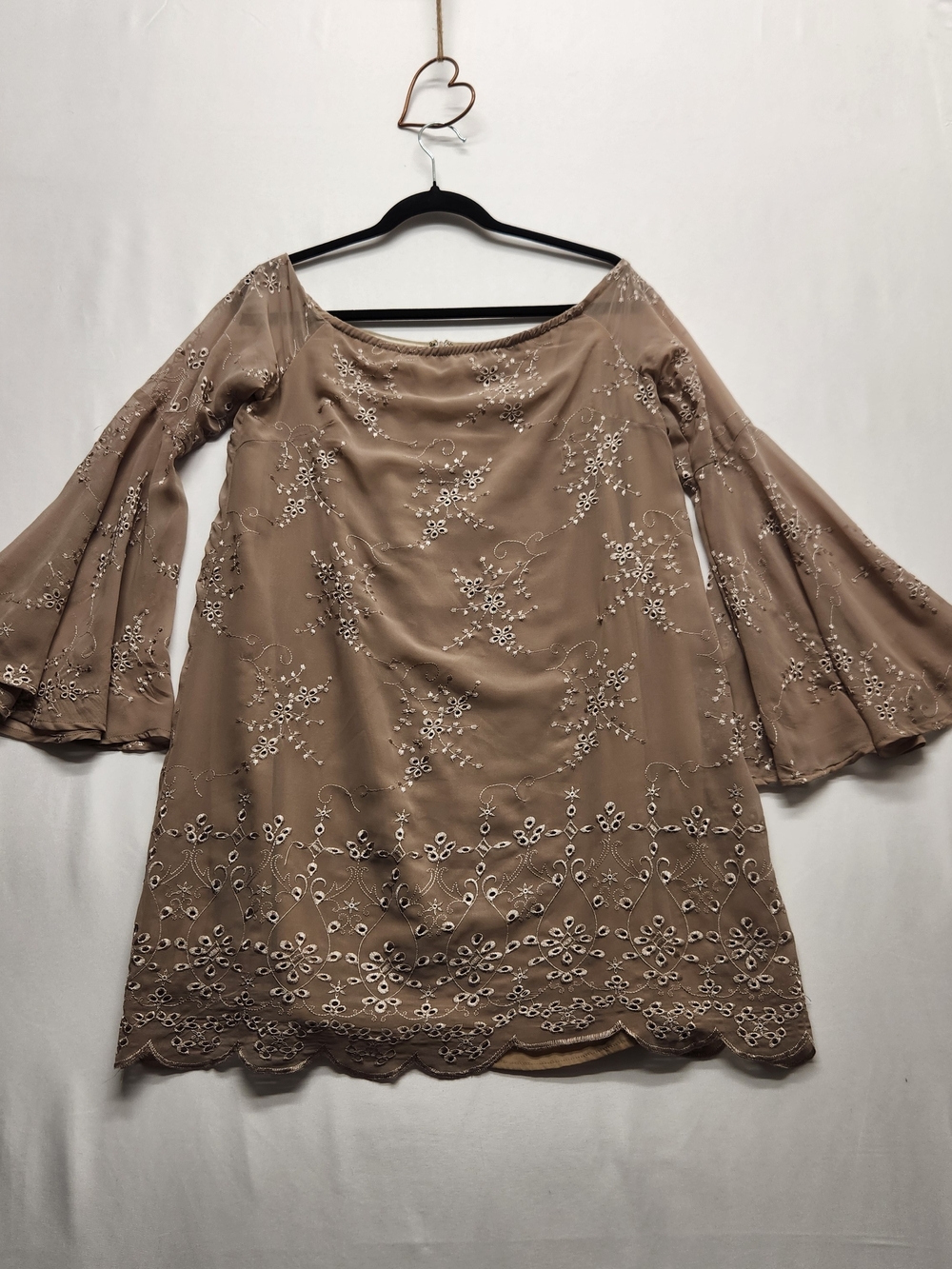 ⭐️Lulus Sway My Way Taupe Embroidered Off The Shoulder Bell Sleeve Shift Dress M